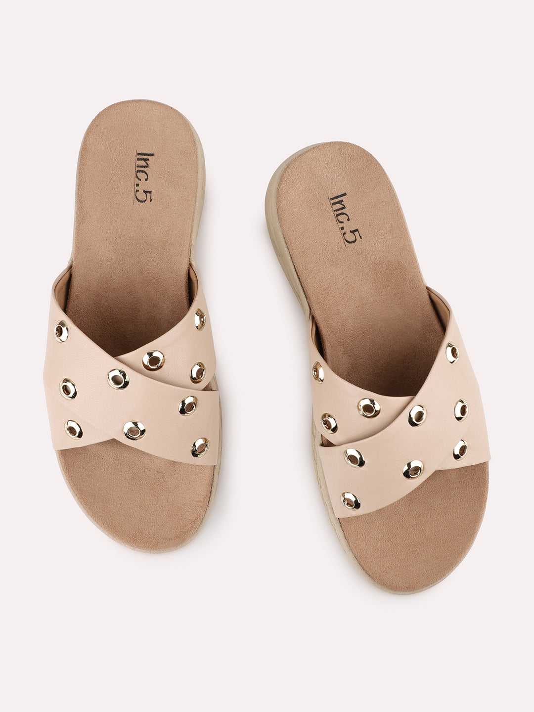 Women Beige Studded Criss-Cross Open Toe Flats