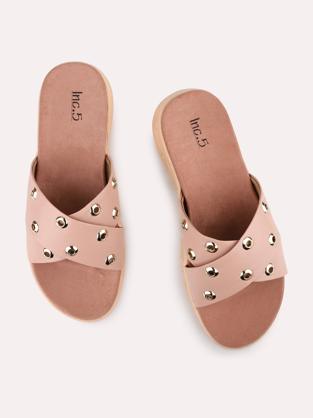 Women Peach Studded Criss-Cross Open Toe Flats