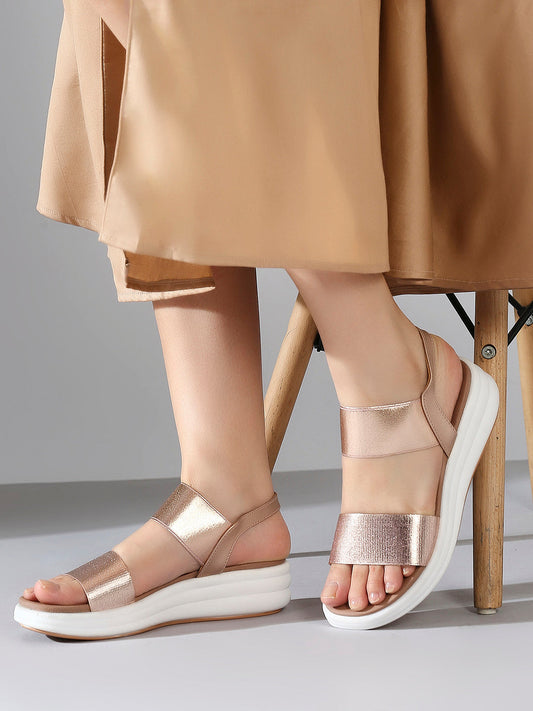 Women Rose Gold Embellished Open Toe Comfort Heels