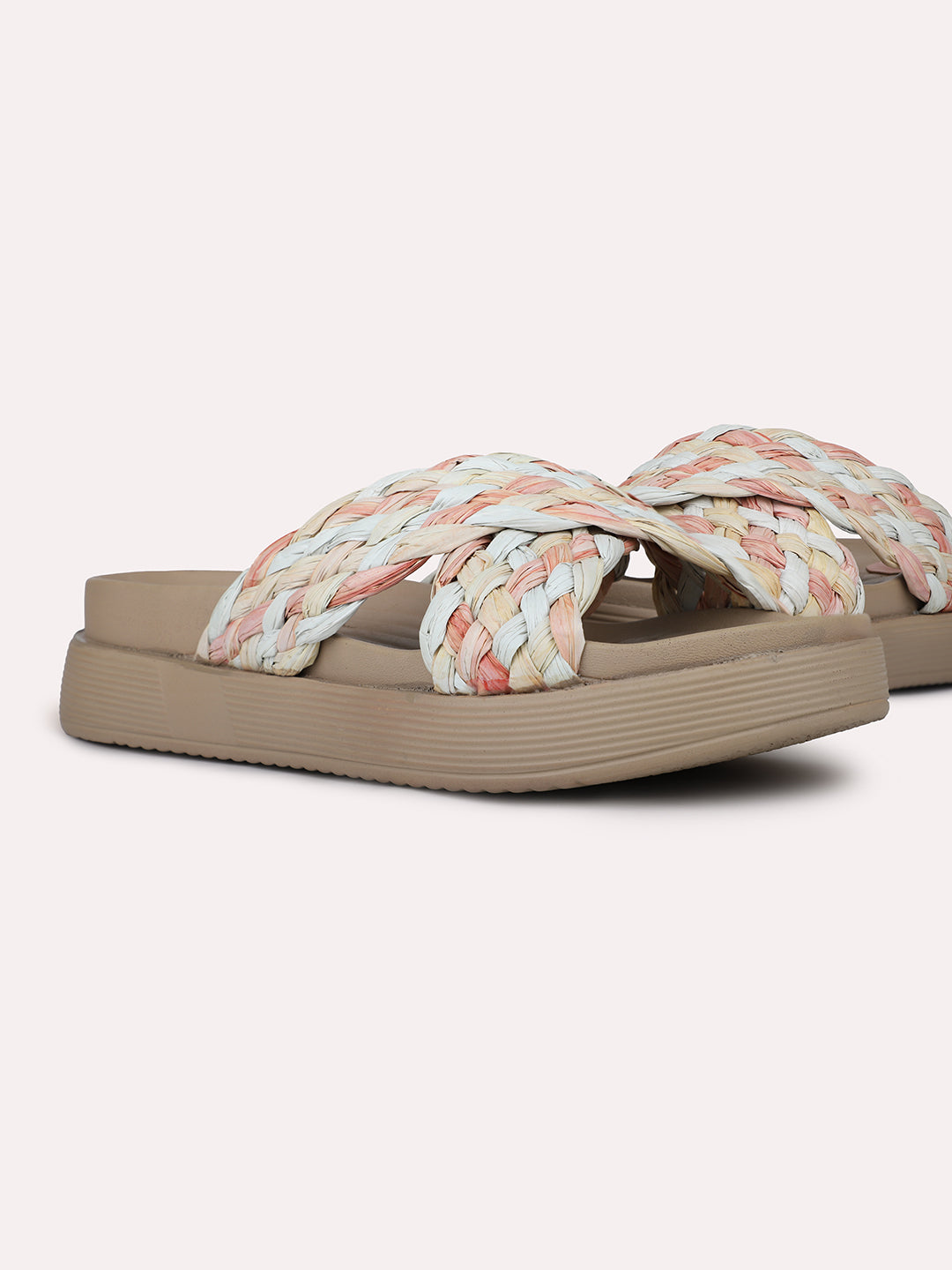 Womens Peach Party Wear Textured Open Toe Flats
