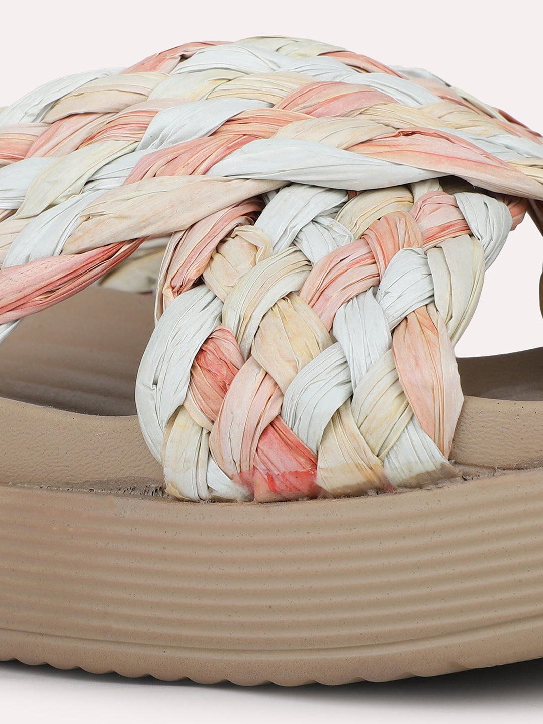 Womens Peach Party Wear Textured Open Toe Flats