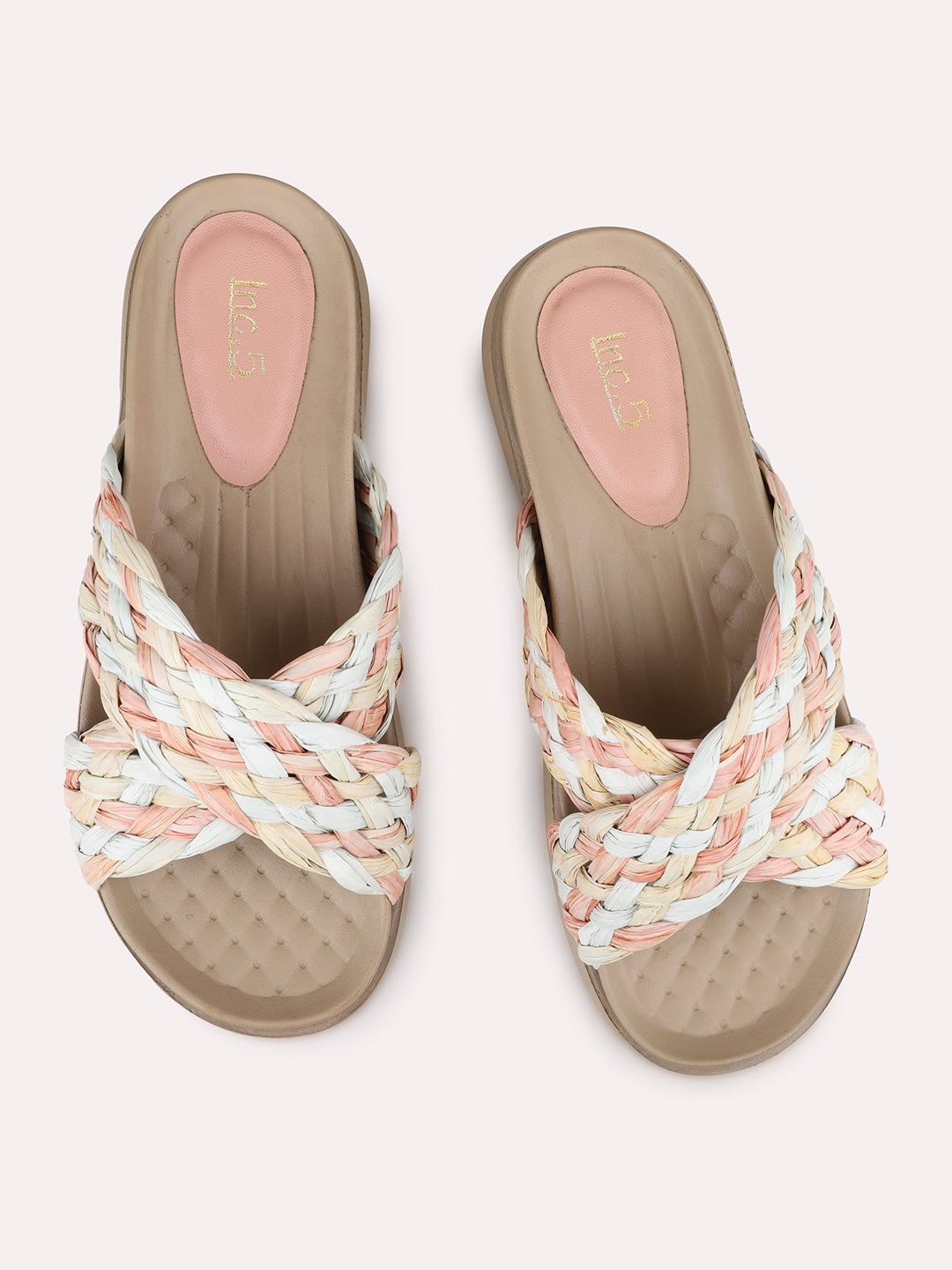 Womens Peach Party Wear Textured Open Toe Flats