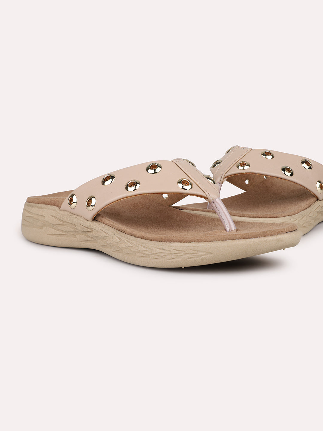 Women Beige Studded T-Strape Open Toe Flats