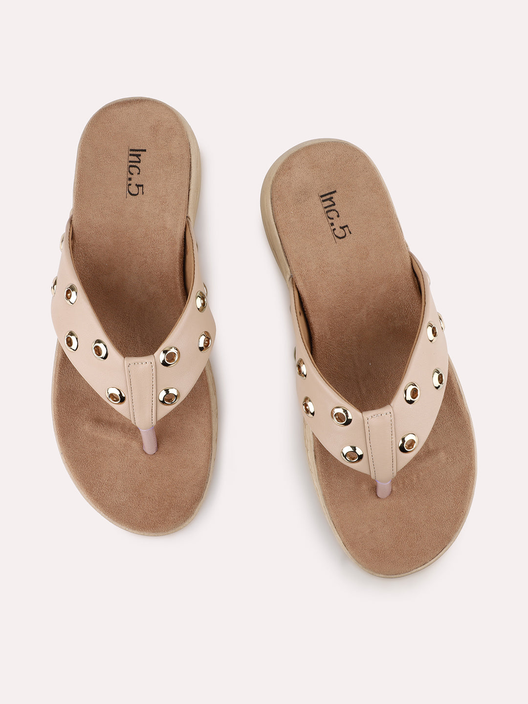 Women Beige Studded T-Strape Open Toe Flats