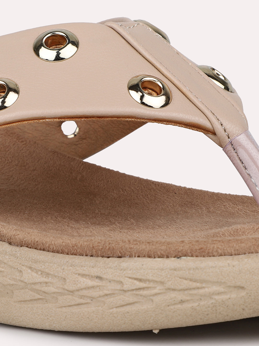 Women Beige Studded T-Strape Open Toe Flats