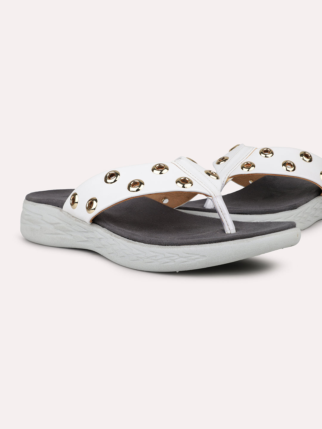 Women White Studded T-Strape Open Toe Flats