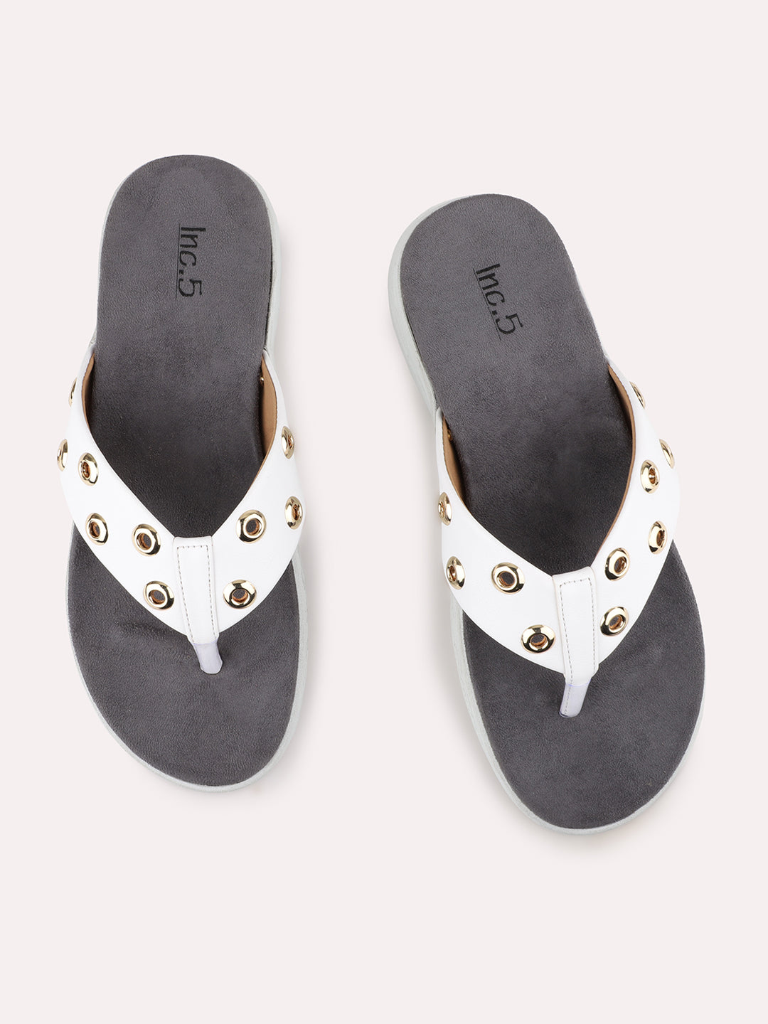 Women White Studded T-Strape Open Toe Flats