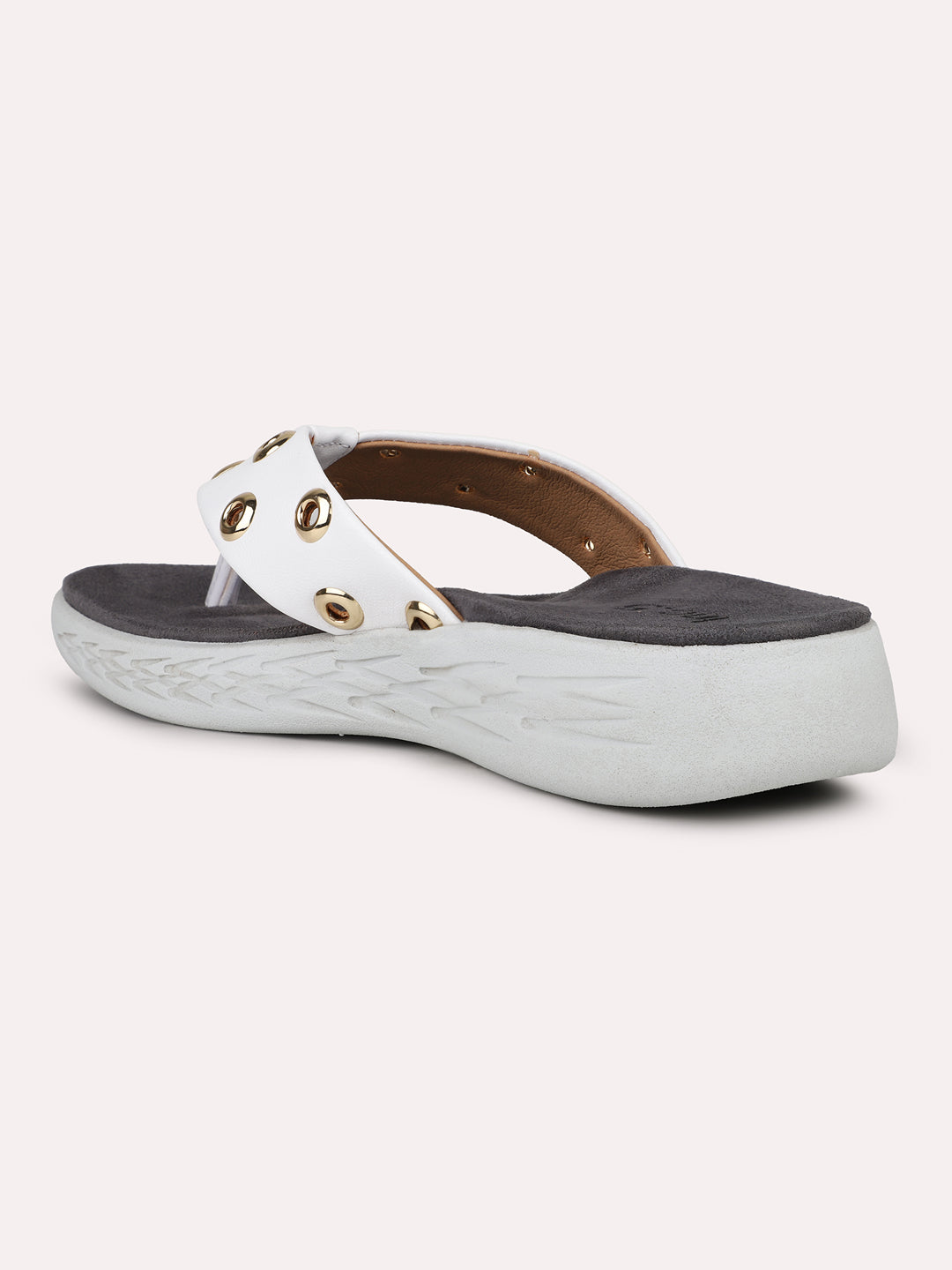 Women White Studded T-Strape Open Toe Flats