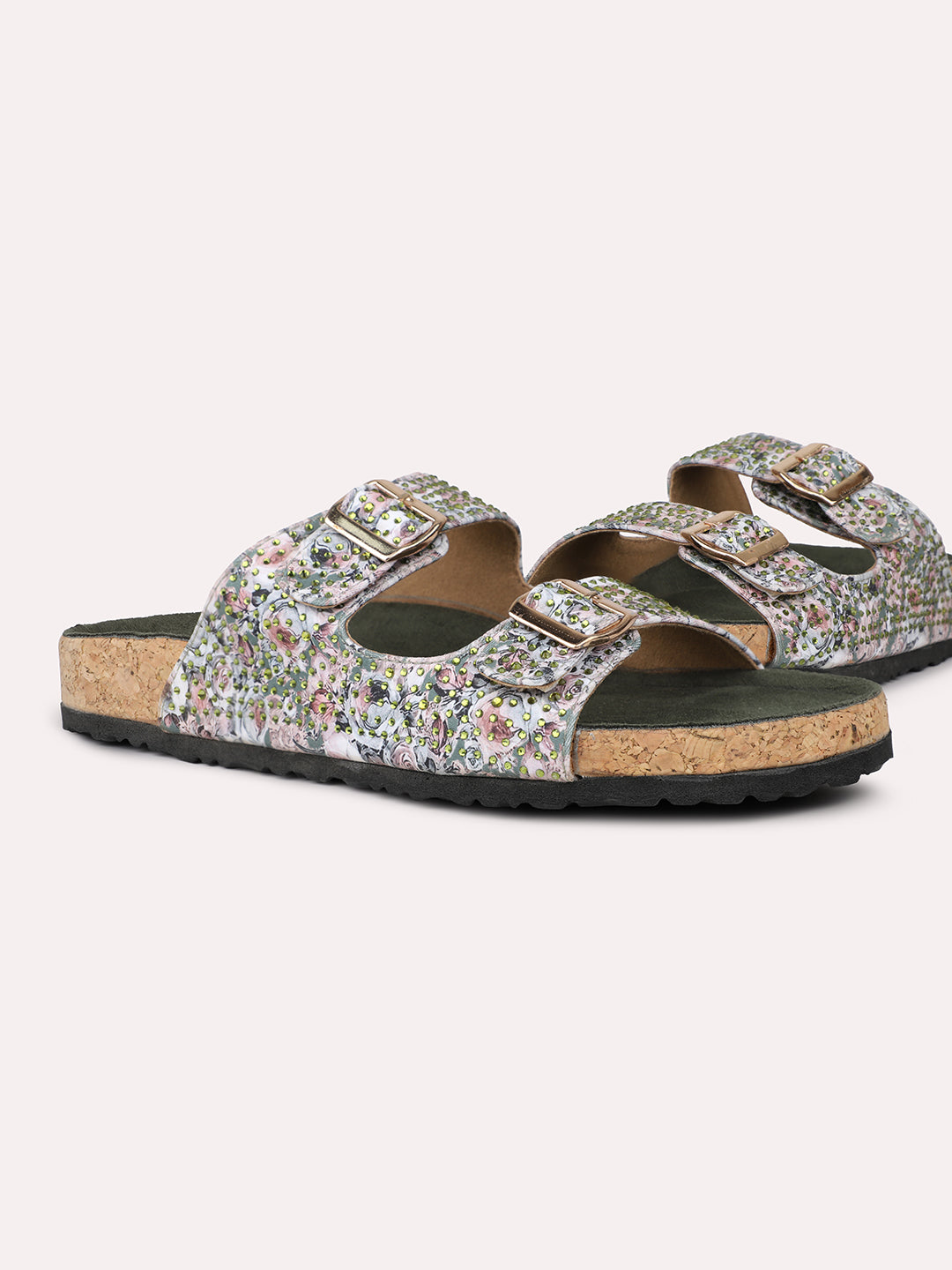 Women Green Printed Cork Finish Open Toe Comfort Flats With Buckle Detail