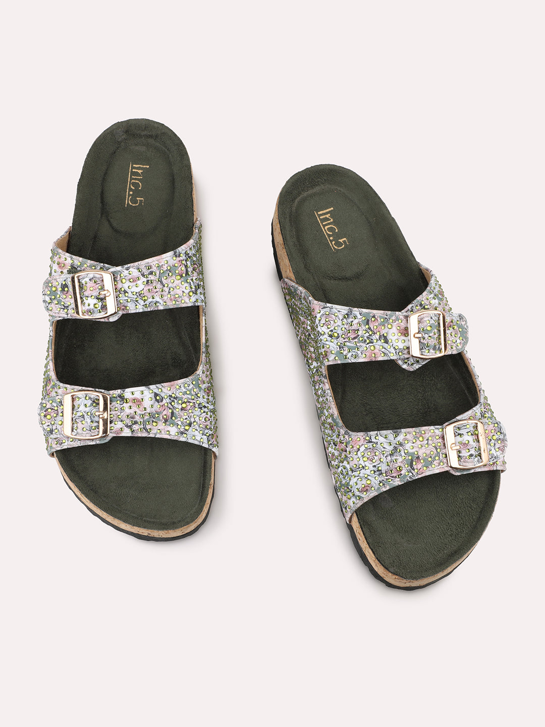 Women Green Printed Cork Finish Open Toe Comfort Flats With Buckle Detail