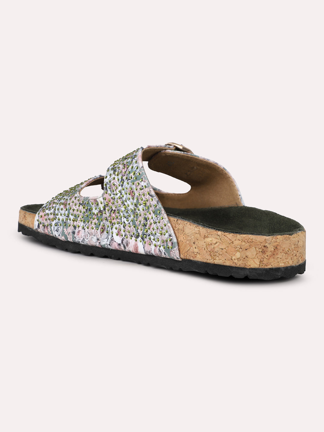 Women Green Printed Cork Finish Open Toe Comfort Flats With Buckle Detail