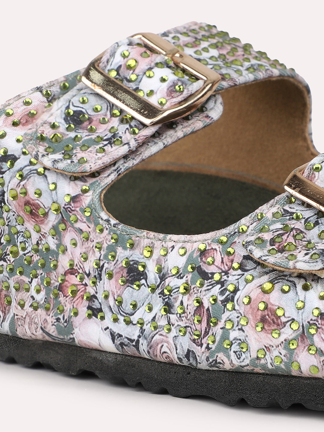 Women Green Printed Cork Finish Open Toe Comfort Flats With Buckle Detail