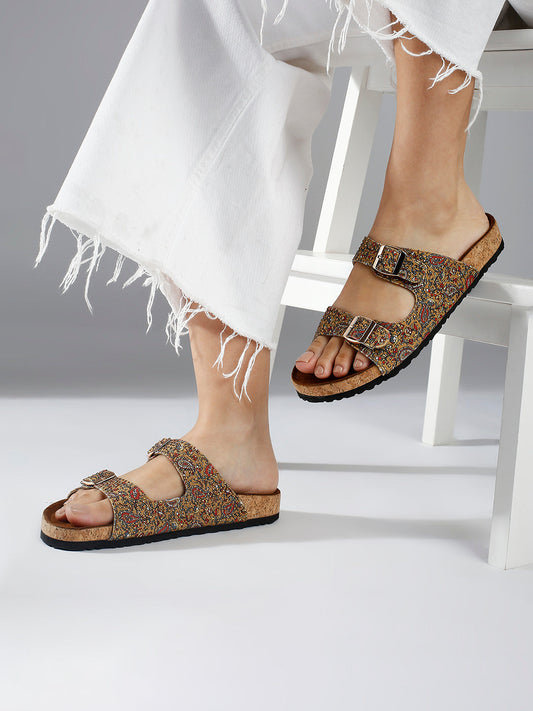 Women Tan Printed Cork Finish Open Toe Comfort Flats With Buckle Detail