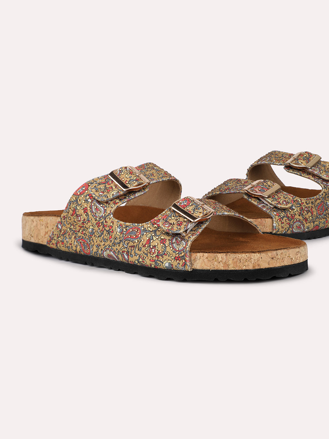 Women Tan Printed Cork Finish Open Toe Comfort Flats With Buckle Detail