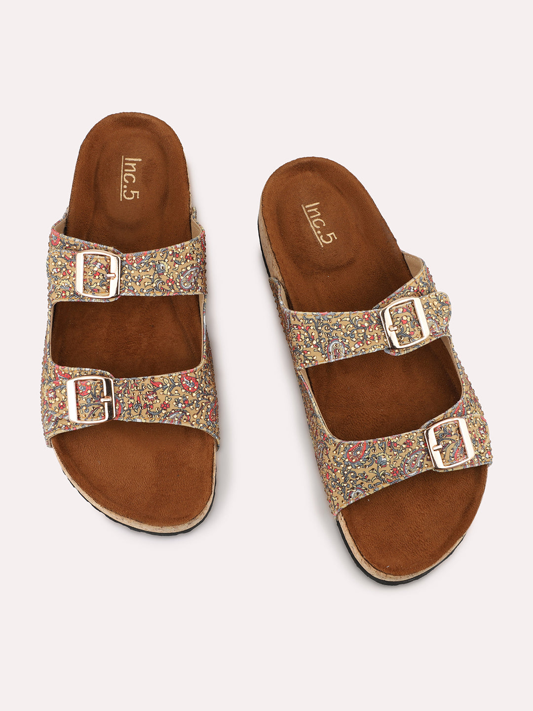 Women Tan Printed Cork Finish Open Toe Comfort Flats With Buckle Detail