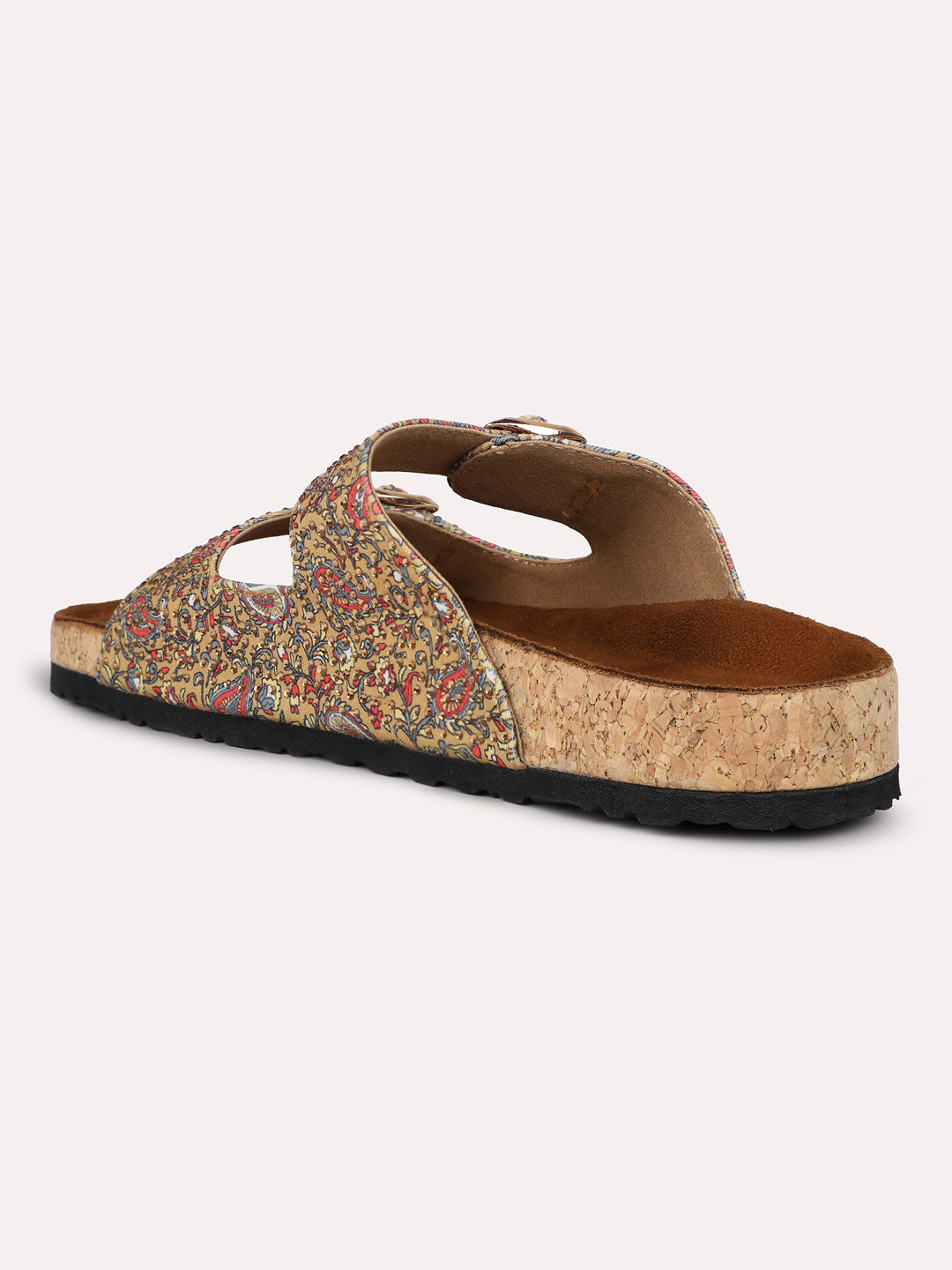 Women Tan Printed Cork Finish Open Toe Comfort Flats With Buckle Detail