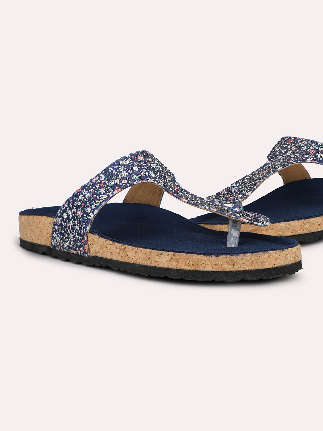 Women Navy Printed Cork Finish T-Strap Flats