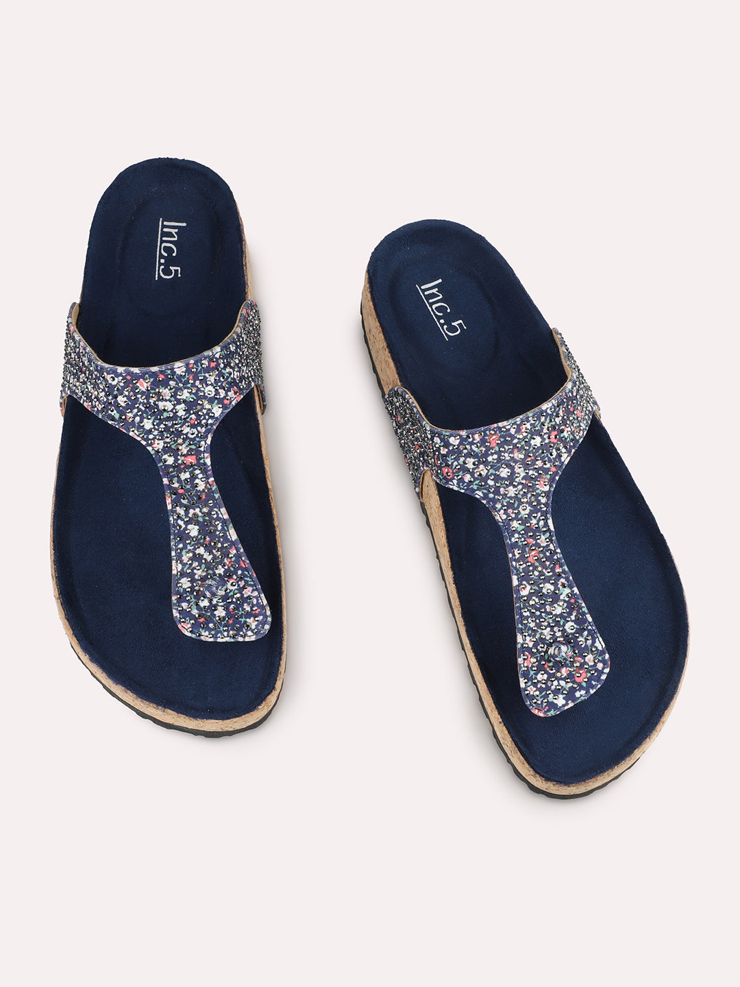 Women Navy Printed Cork Finish T-Strap Flats