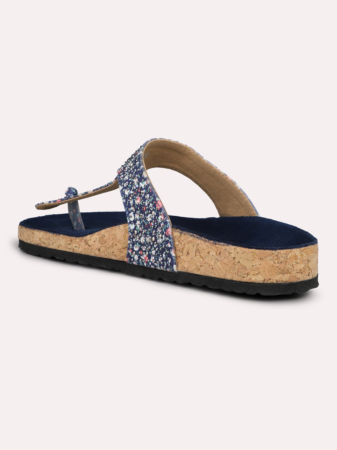 Women Navy Printed Cork Finish T-Strap Flats