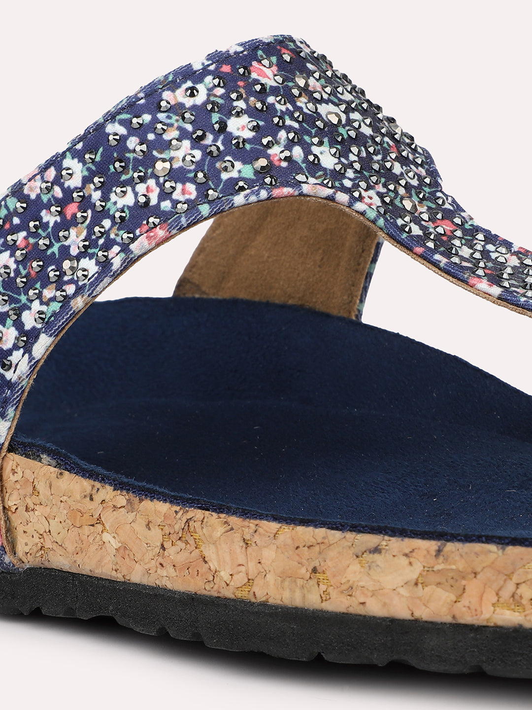 Women Navy Printed Cork Finish T-Strap Flats