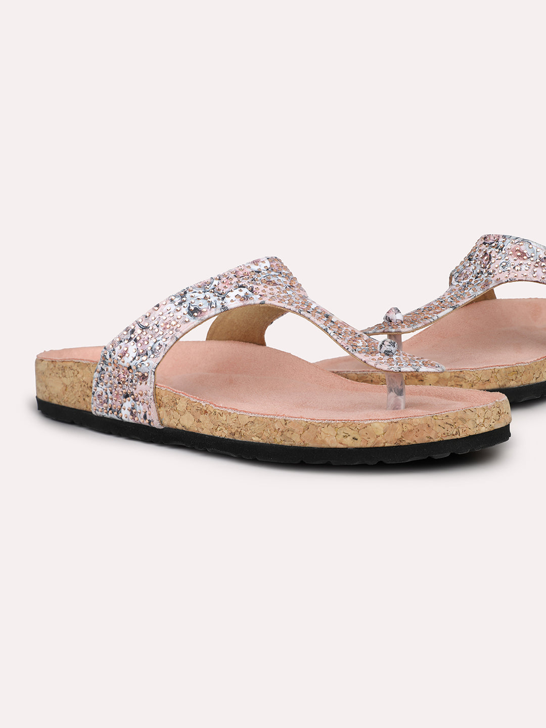 Women Peach Printed Cork Finish T-Strap Flats