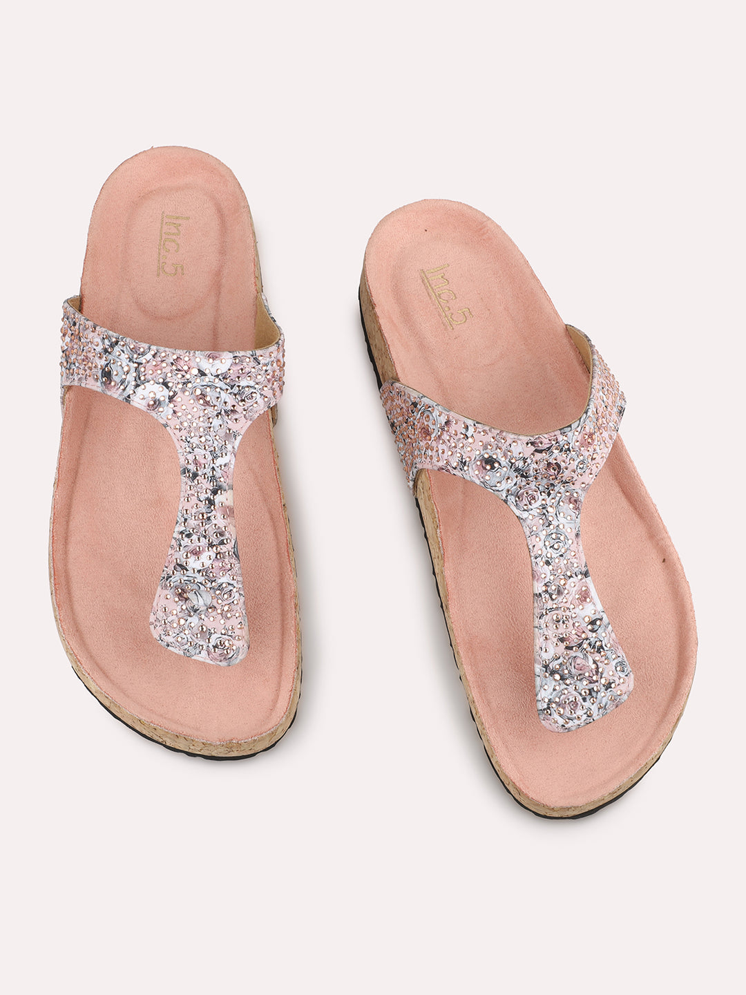 Women Peach Printed Cork Finish T-Strap Flats