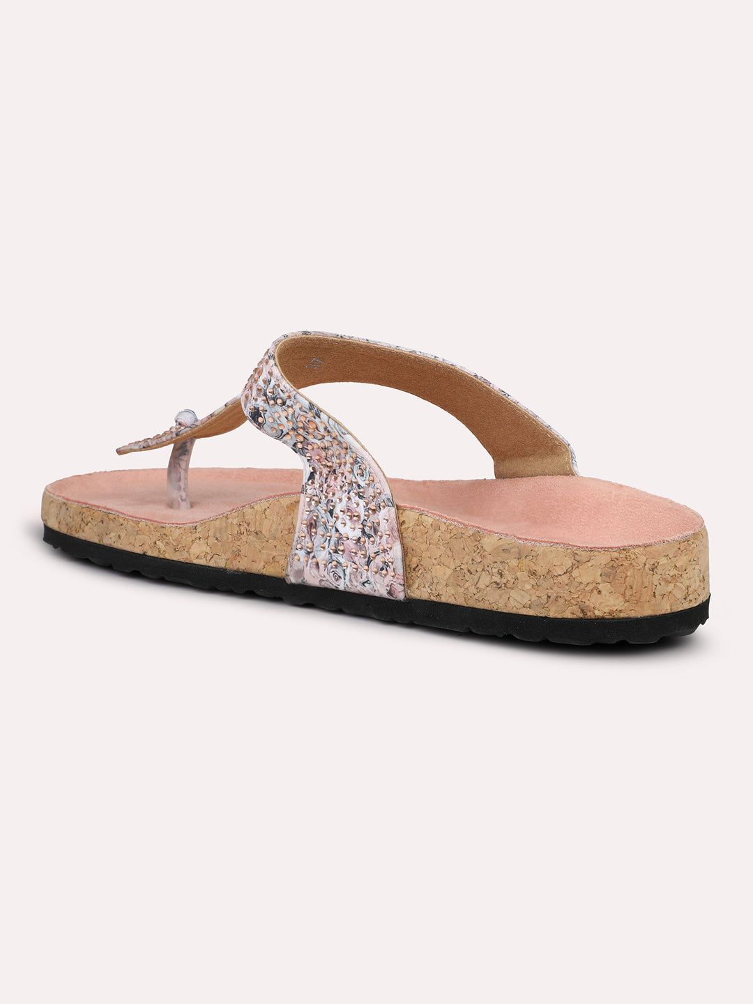 Women Peach Printed Cork Finish T-Strap Flats