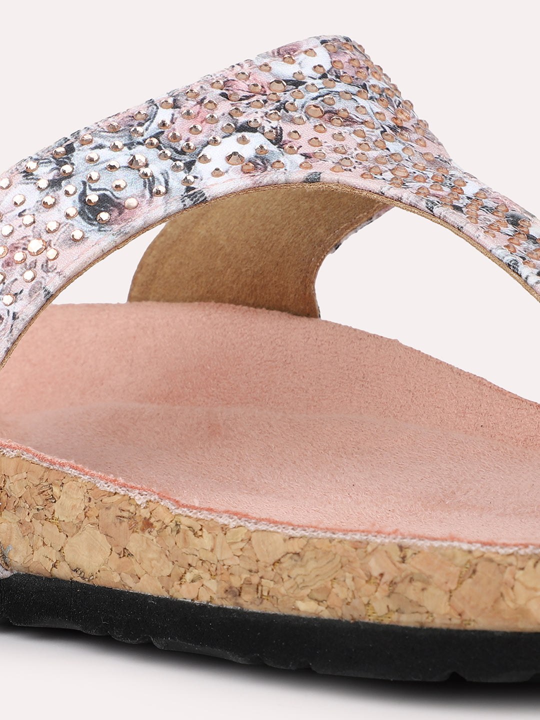 Women Peach Printed Cork Finish T-Strap Flats