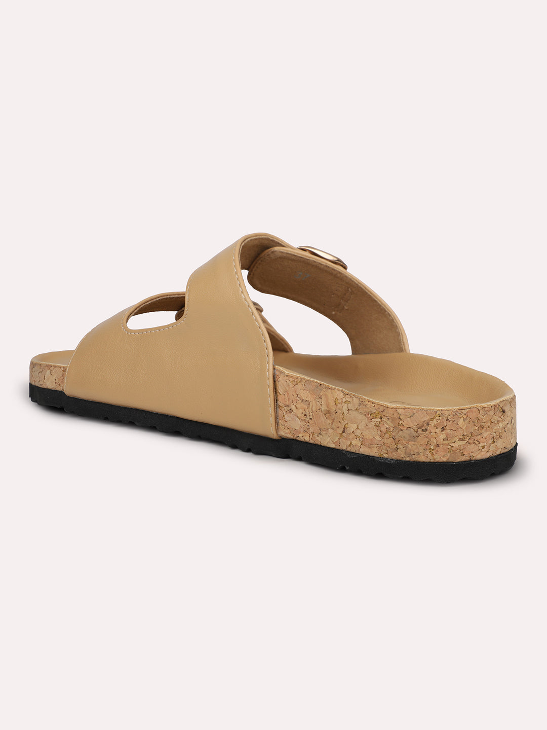 Women Beige Buckled Cork Finish Open Toe Flats