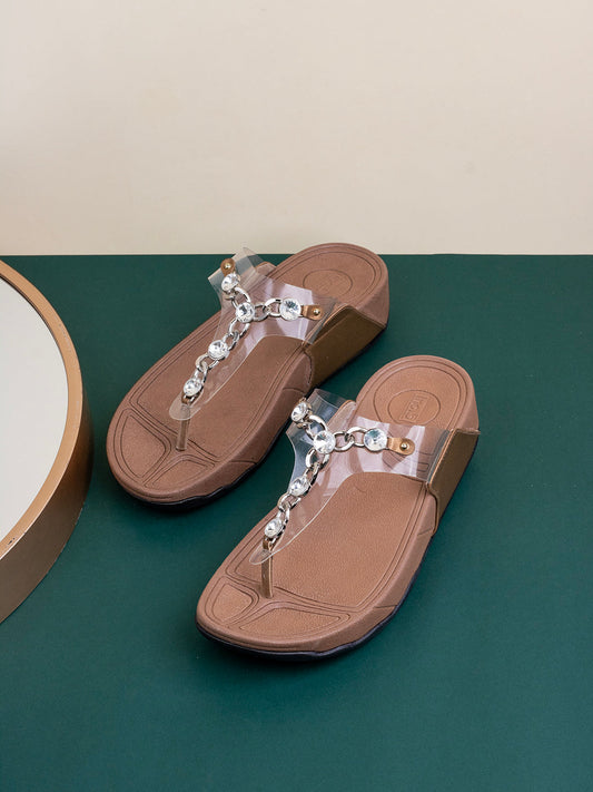 Womens Golden Ethnic Transparent Round Toe Sandals