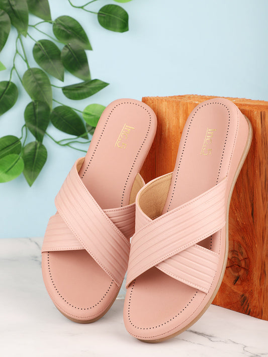 Women Peach Textured Open Toe Comfort Heels