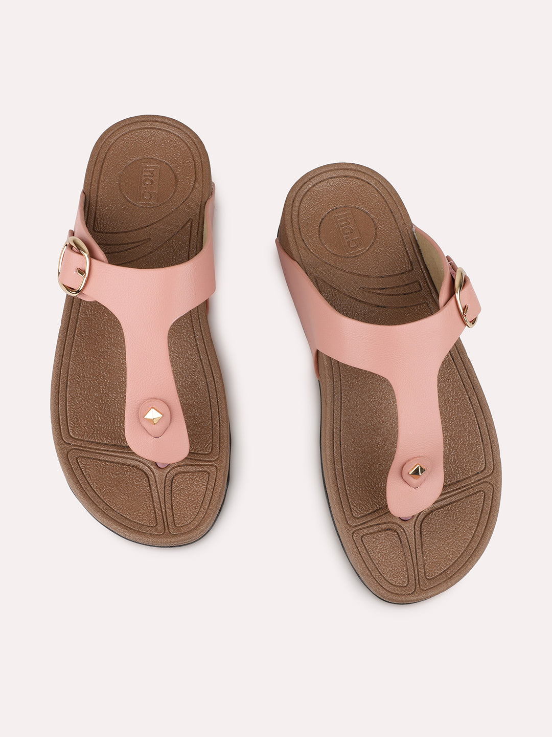 Women Peach Solid T-Strap Comfort Heels