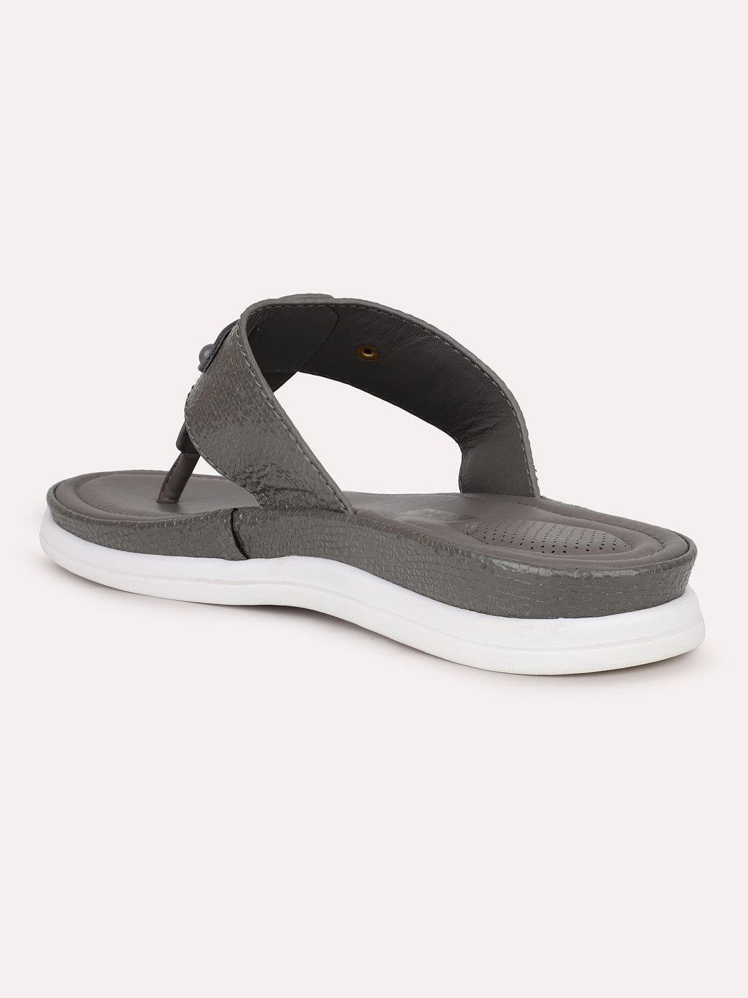 Women Grey Textured T-Strap Open Toe Flats