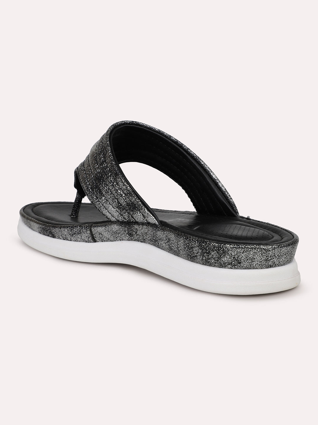 Women Pewter Textured T-Strap Open Toe Flats