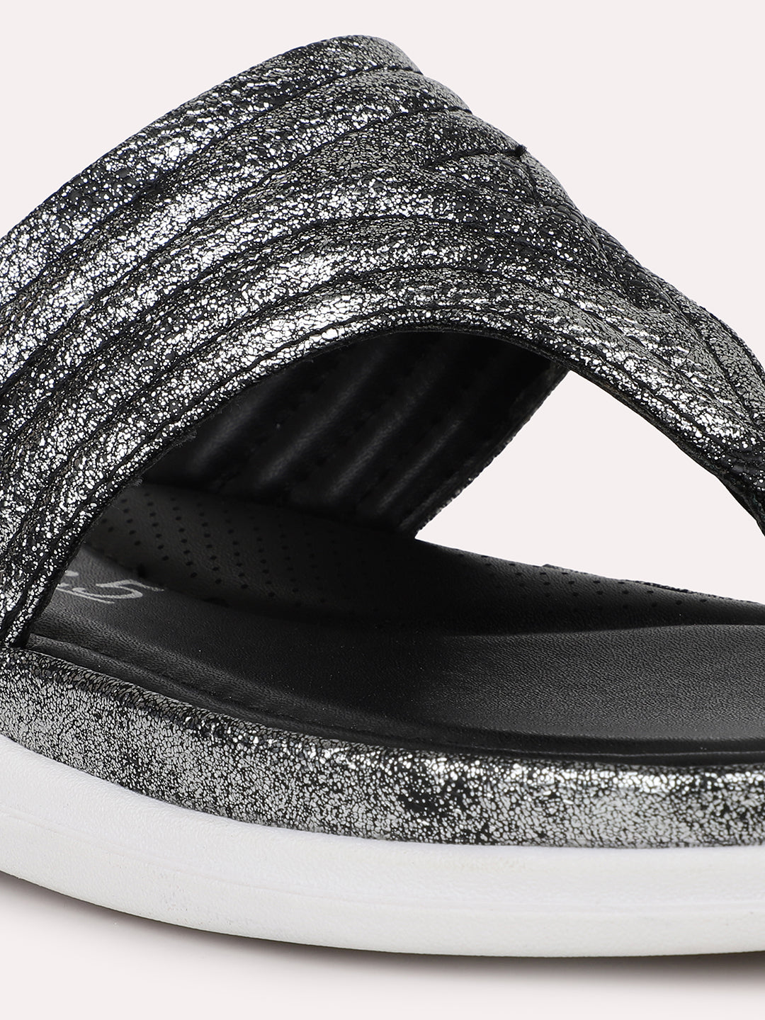 Women Pewter Textured T-Strap Open Toe Flats