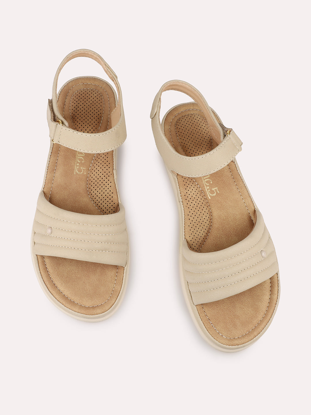 Women Beige Textured T-Strap Open Toe Flats With Backstrap