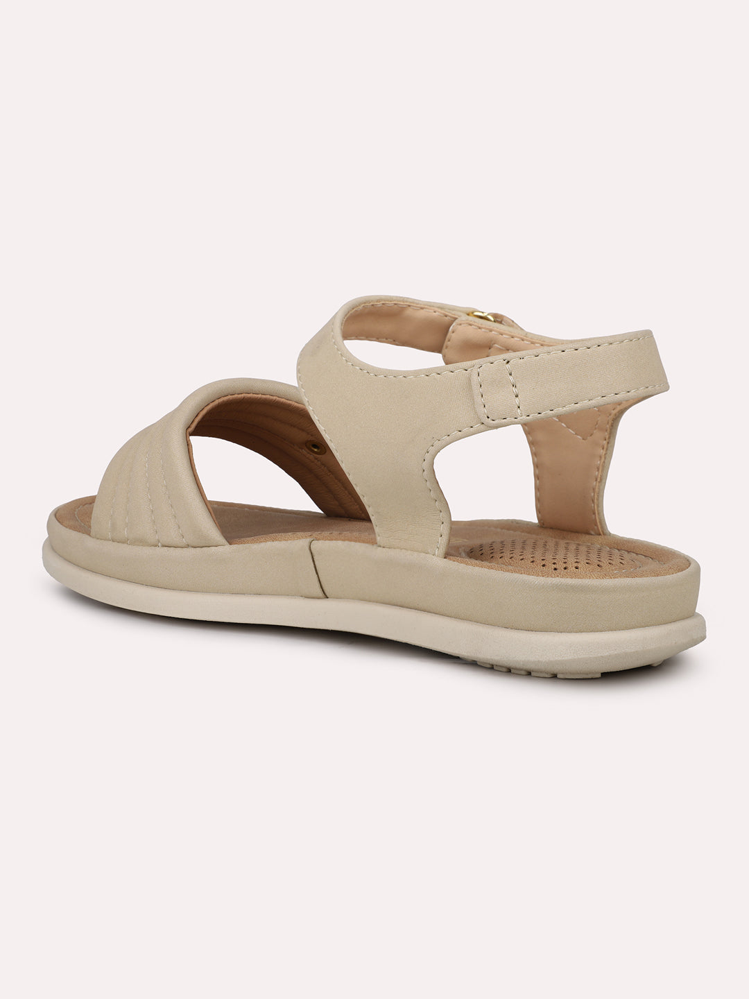 Women Beige Textured T-Strap Open Toe Flats With Backstrap