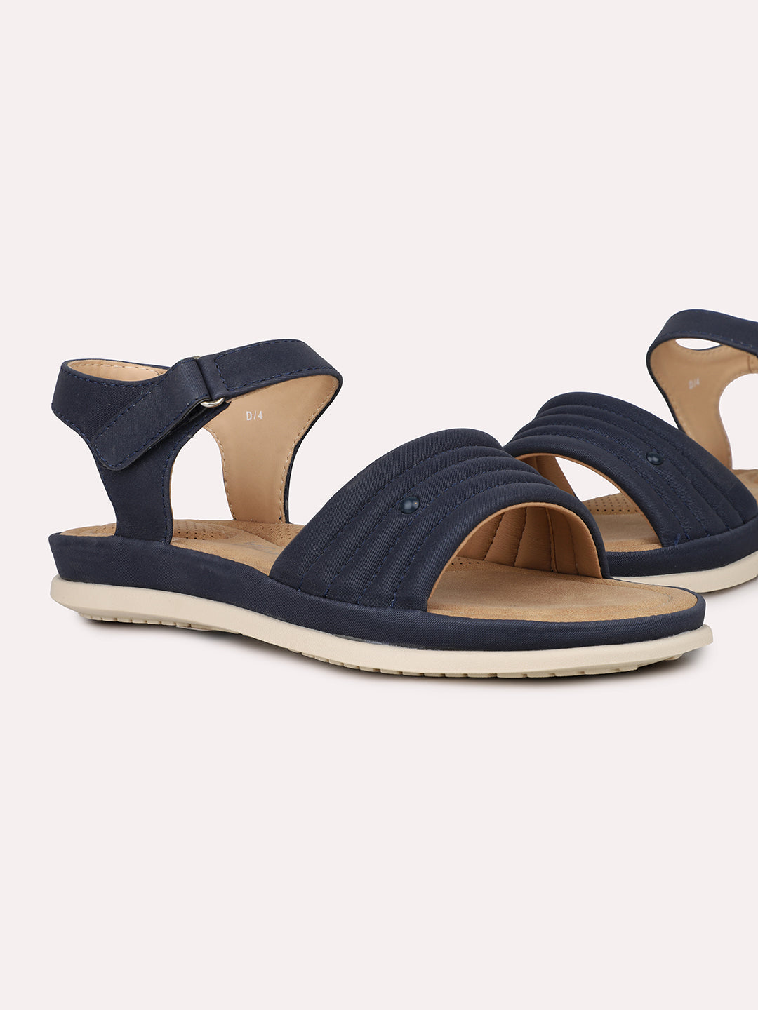 Women Navy Textured T-Strap Open Toe Flats With Backstrap