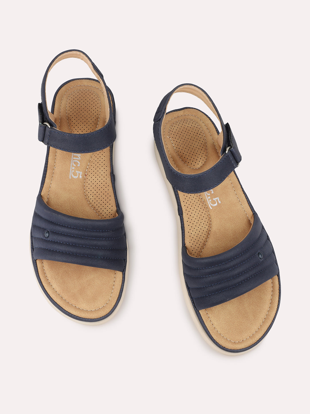 Women Navy Textured T-Strap Open Toe Flats With Backstrap