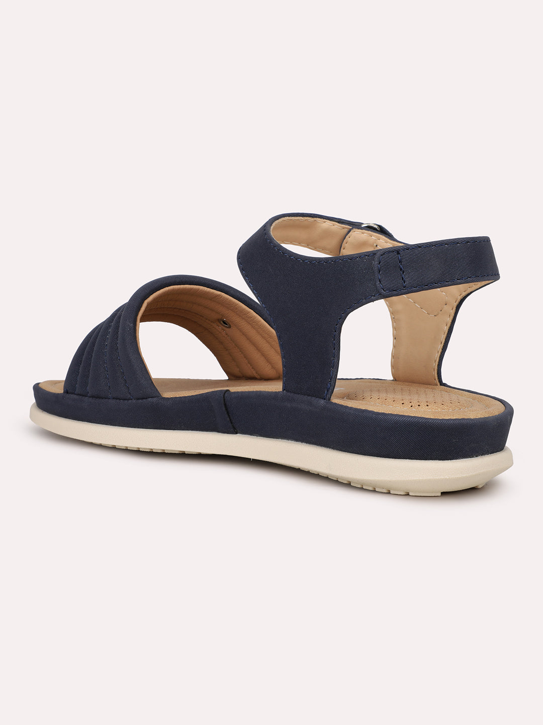 Women Navy Textured T-Strap Open Toe Flats With Backstrap