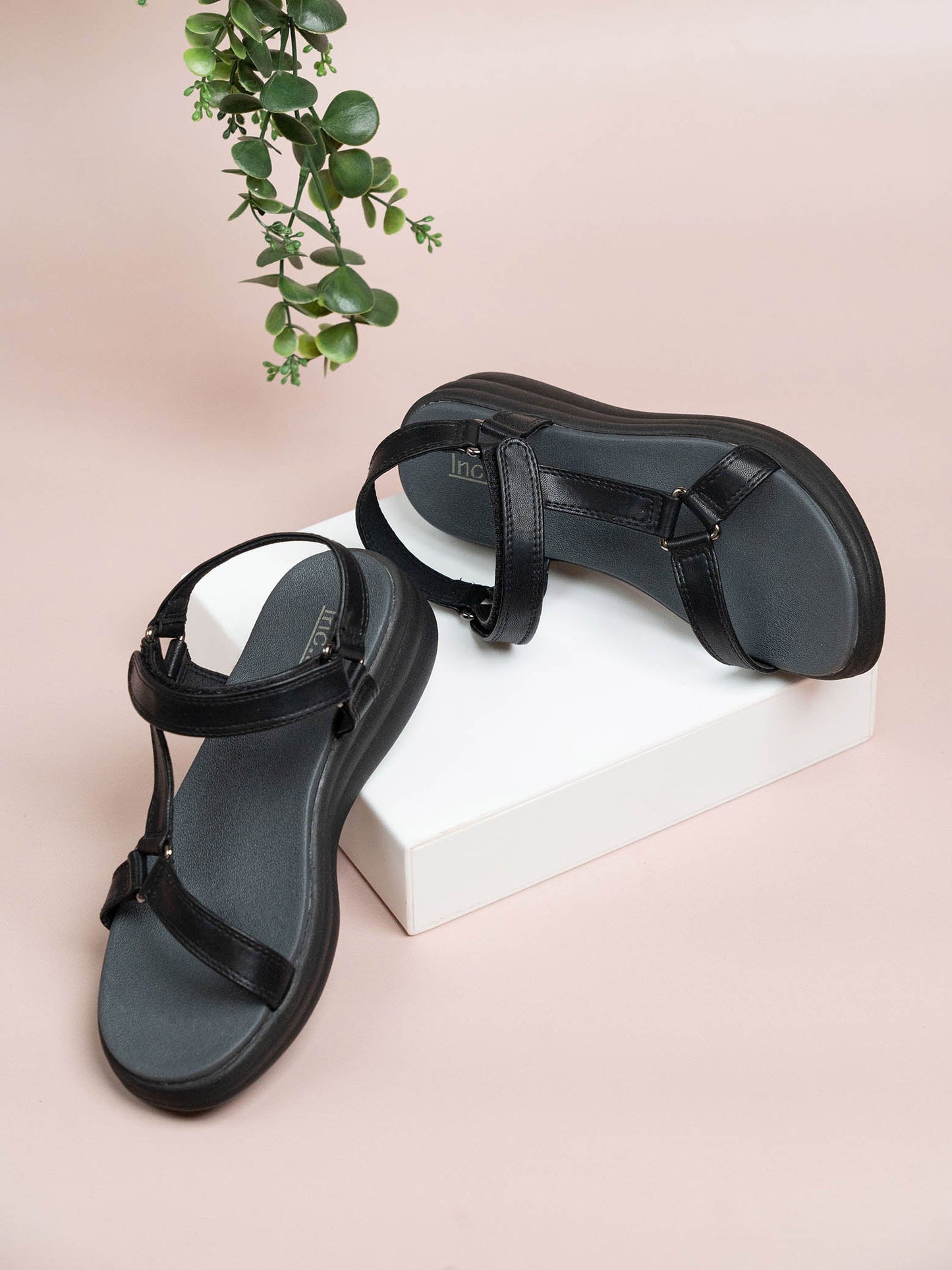 Women Black Open toe Comfort Heels With Velcro Closure