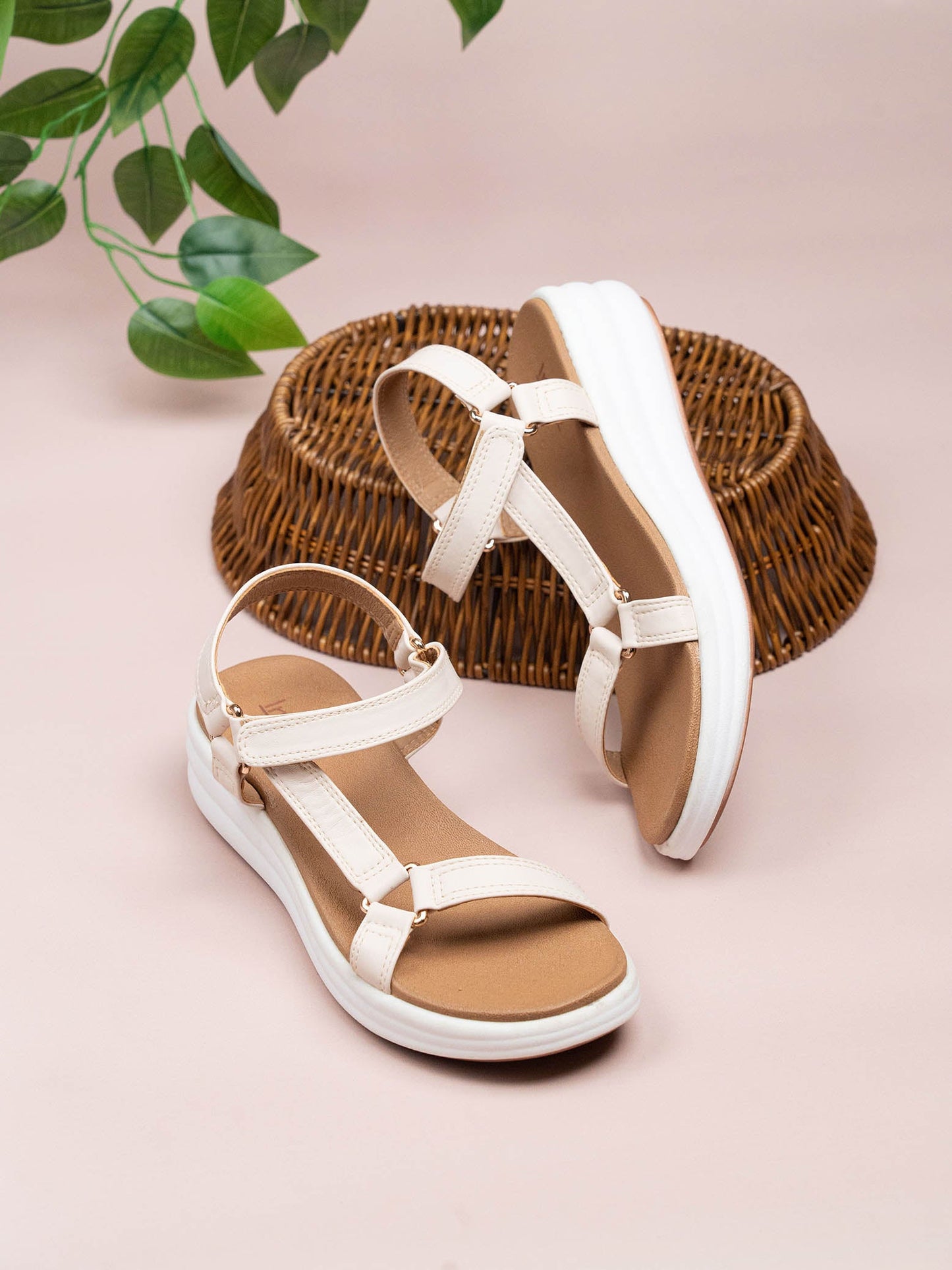 Women Cream Open toe Comfort Heels With Velcro Closure