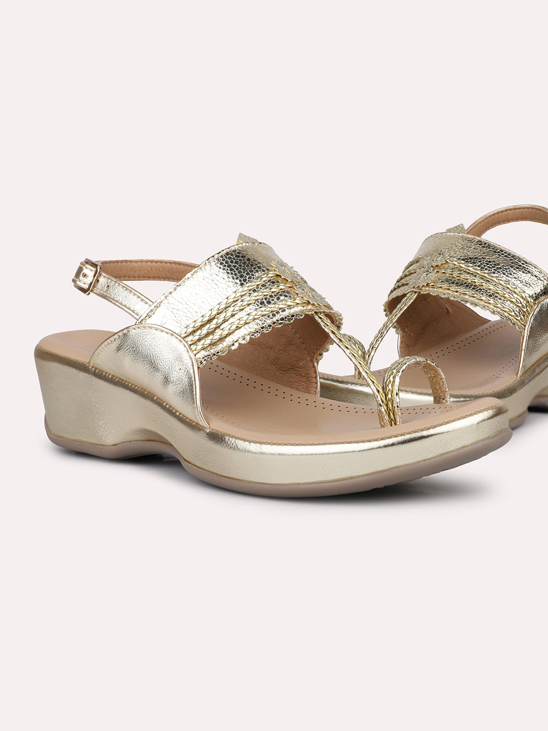 Women Gold Embellished One Toe Comfort Heels With Buckle Details