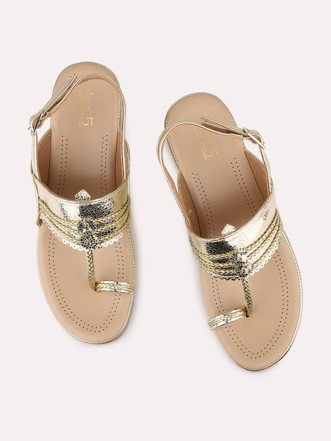 Women Gold Embellished One Toe Comfort Heels With Buckle Details