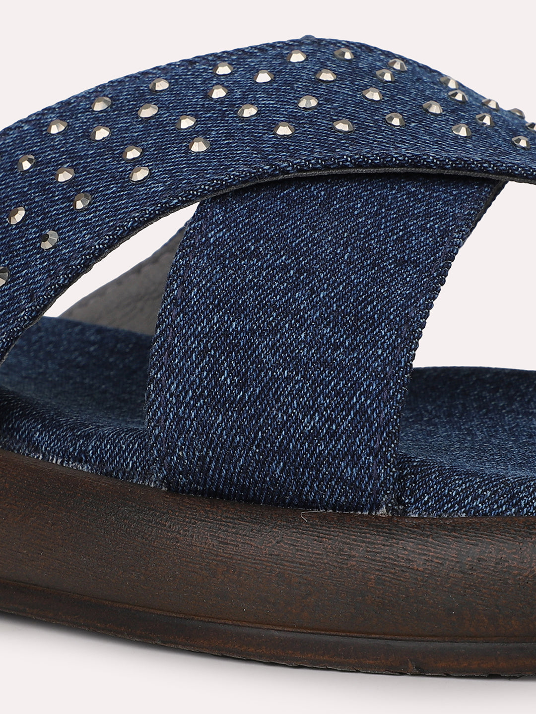 Women Navy Denim Criss-Cross Strap Open Toe Flats