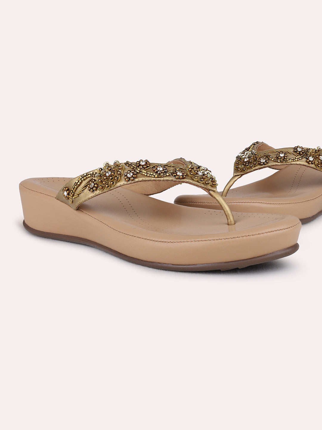 Womens Golden Formal Embellished Round Toe Flatform Heel Sandals