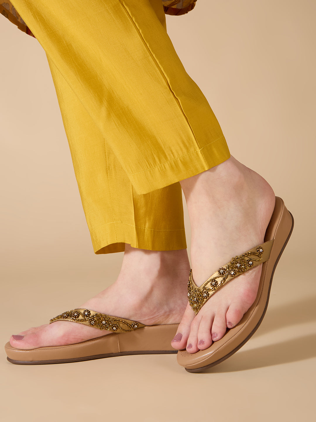 Womens Golden Formal Embellished Round Toe Flatform Heel Sandals