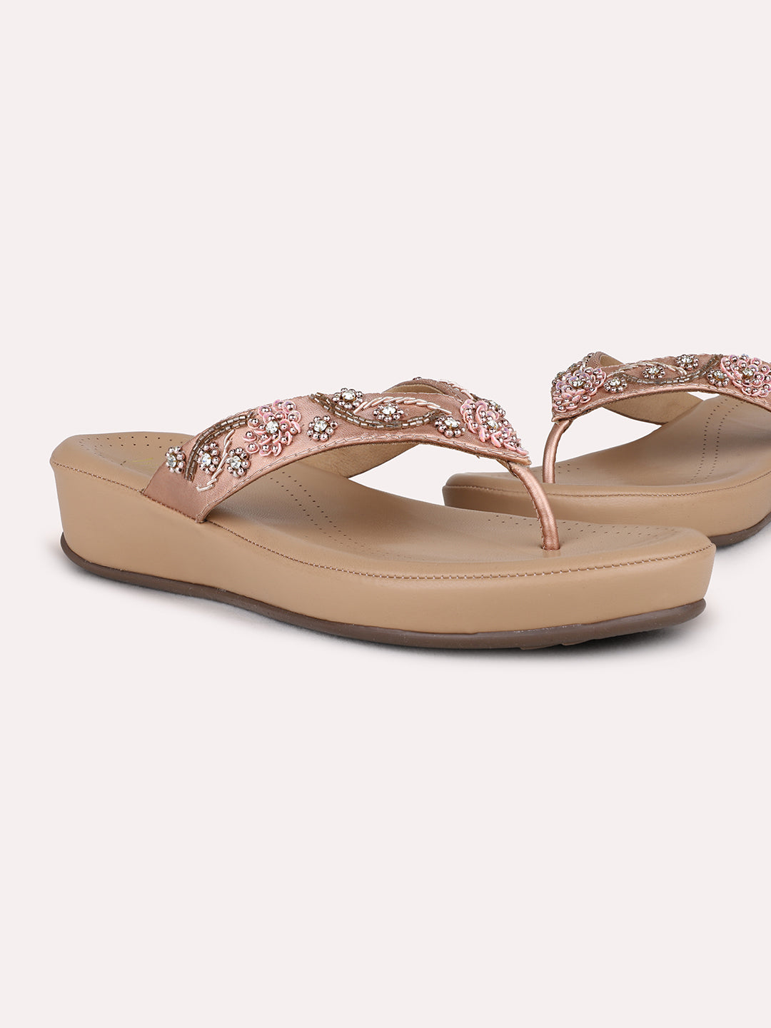 Womens Rose Golden Formal Embellished Round Toe Flatform Heel Sandals