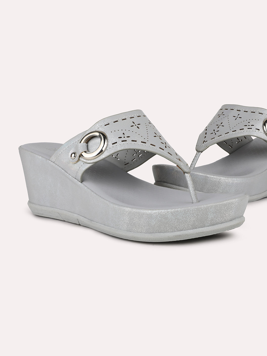 Womens Grey Casual Embellished Round Toe Wedge Heel Sandals