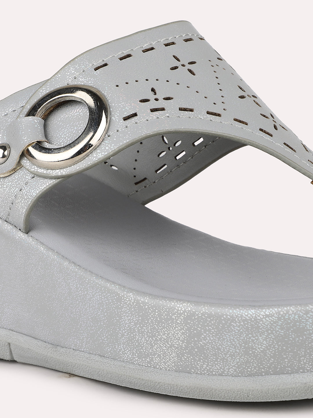 Womens Grey Casual Embellished Round Toe Wedge Heel Sandals